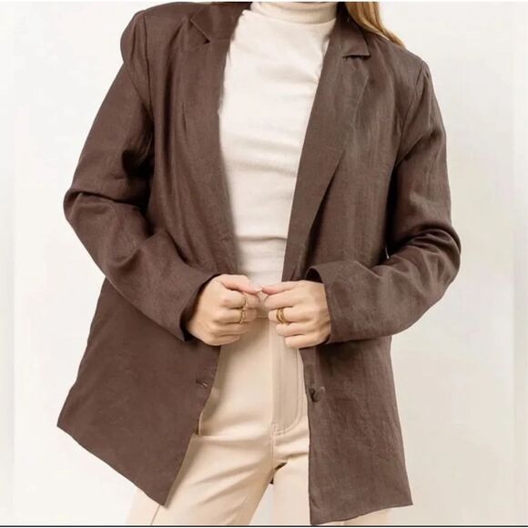 BOHME 100% Linen brown button front blazer coat sz S women’s minimalist preppy c - Picture 1 of 4